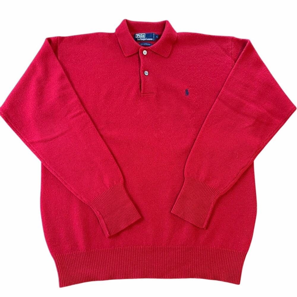 Vintage Polo Ralph Lauren Sweater Mens Large Red Lambswool Knit Collared Pony